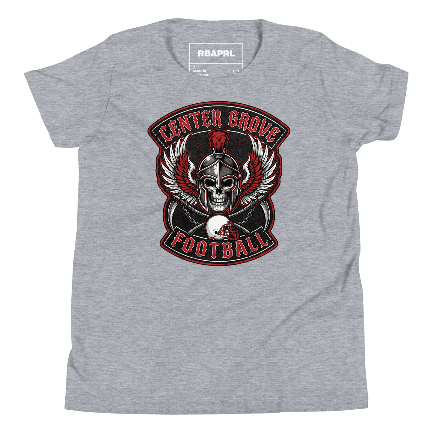 Center Grove Trojans Football Youth T-Shirt in Athletic Heather – Indiana Spirit Wear by Hometown Gameday Co.