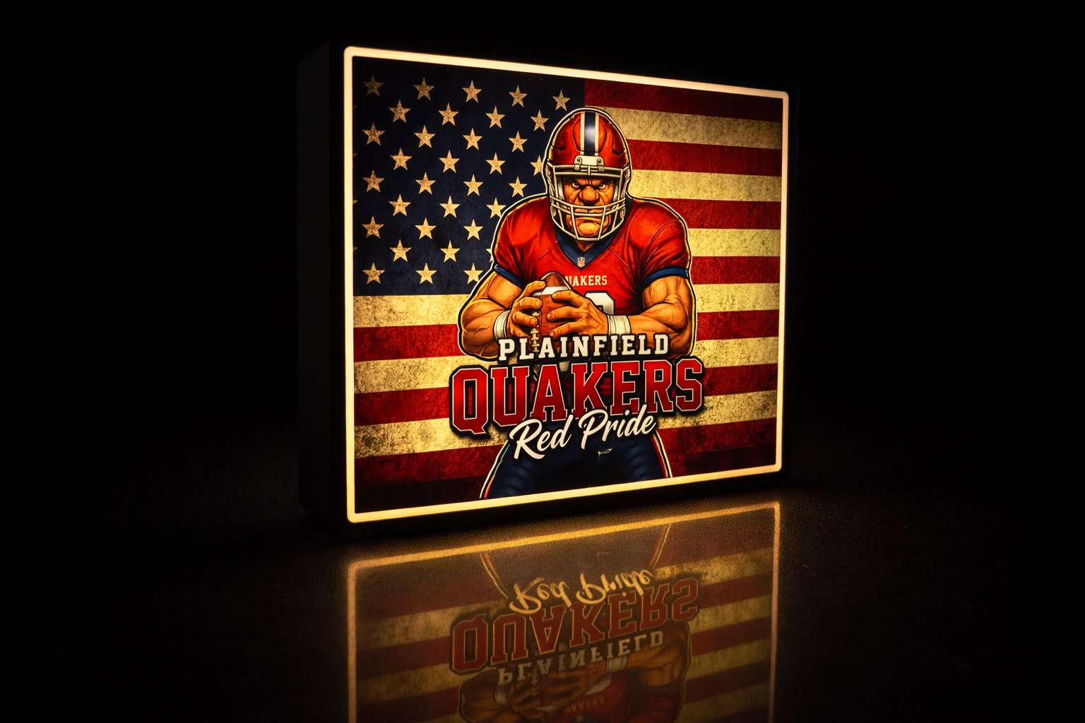 Plainfield Quakers Football RB Luma Display Night View – RB3D by Reflekt Branding