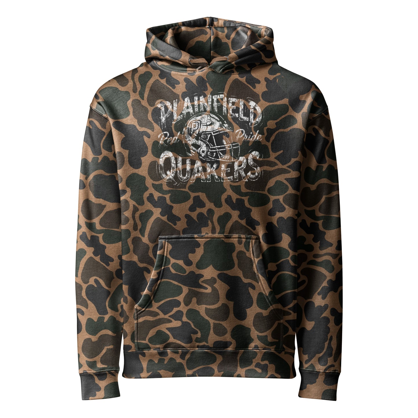 Plainfield Quakers Football Camo Hoodie in Duck Camo – Indiana Spirit Wear by Hometown Gameday Co.