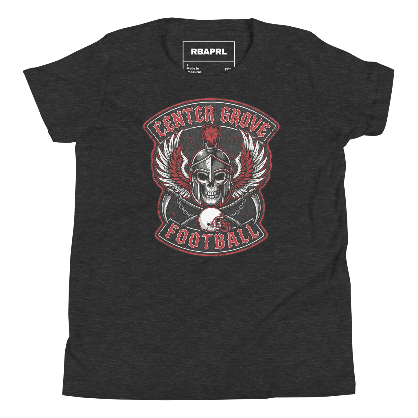 Center Grove Trojans Football Youth T-Shirt in Dark Grey Heather – Indiana Spirit Wear by Hometown Gameday Co.