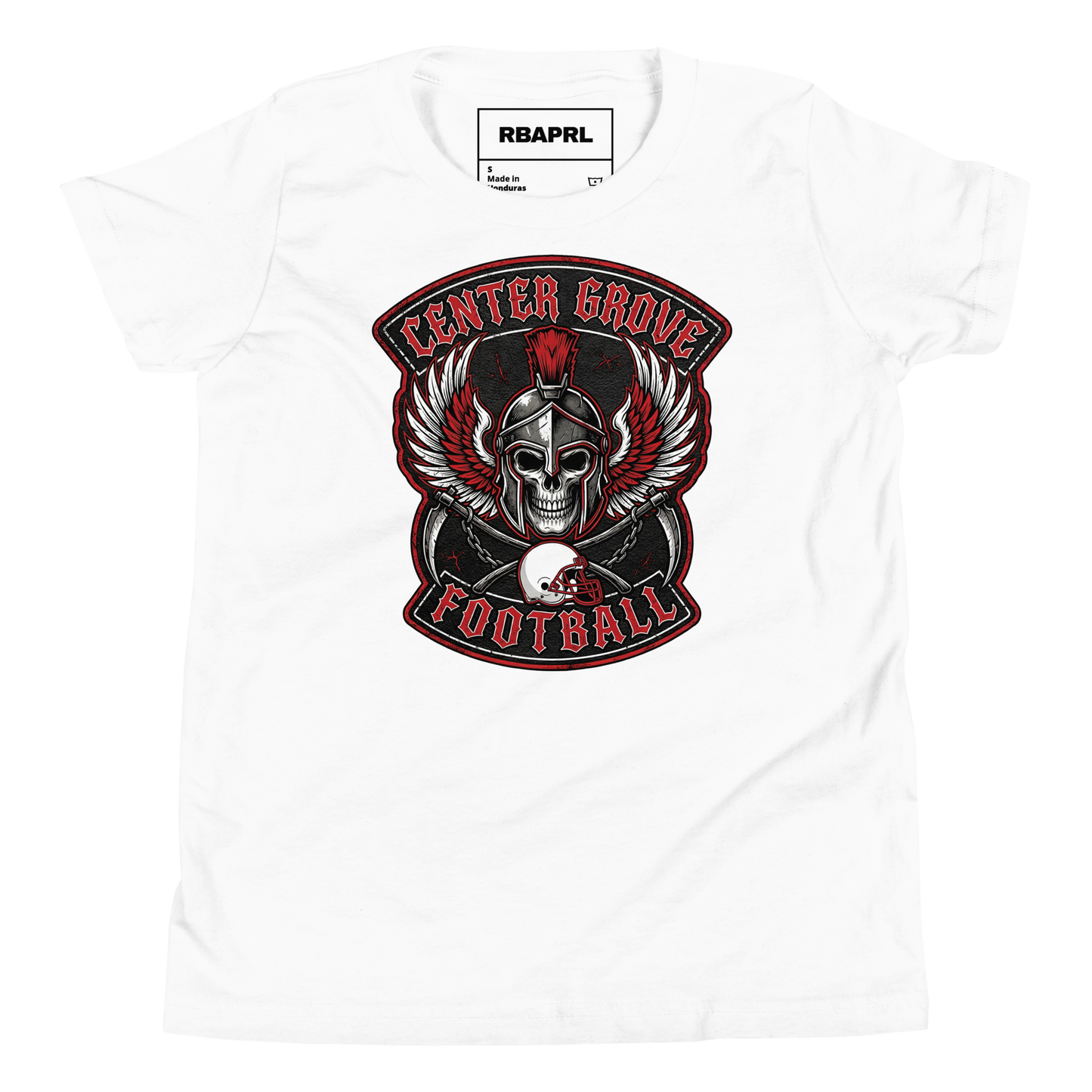 Center Grove Trojans Football Youth T-Shirt in White – Indiana Spirit Wear by Hometown Gameday Co.