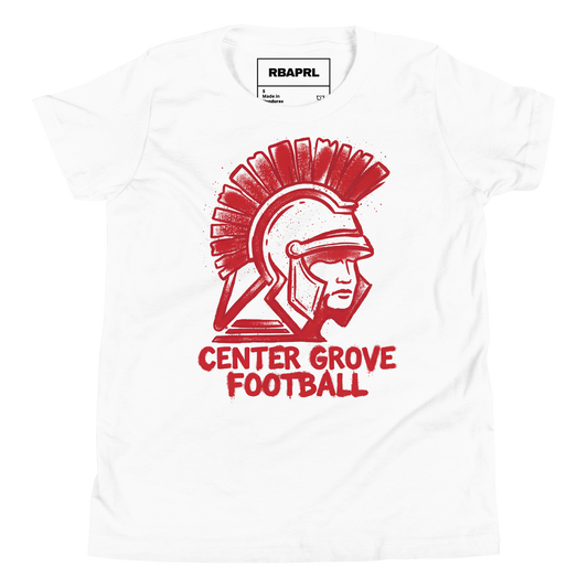 Center Grove Trojans Football Youth T-Shirt in White – Indiana Spirit Wear by Hometown Gameday Co.